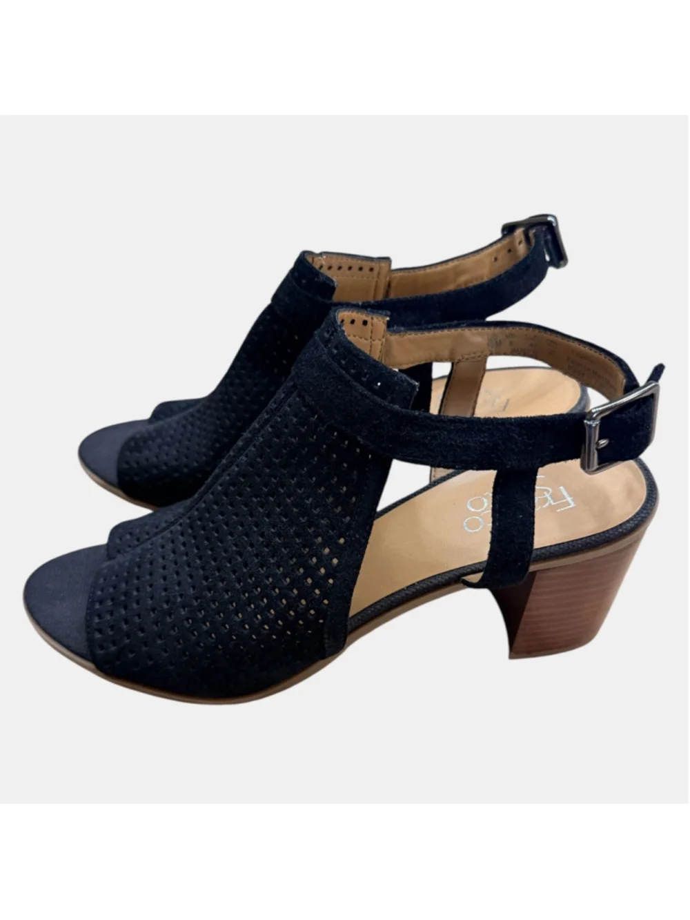 Franco Sarto Harlet Black Suede Perforated Peep Toe Slingback Heels Women’s 10